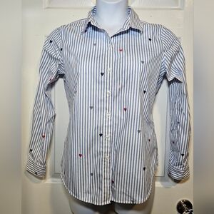 Coldwater Creek Blue and White Striped Heart Button Down Shirt